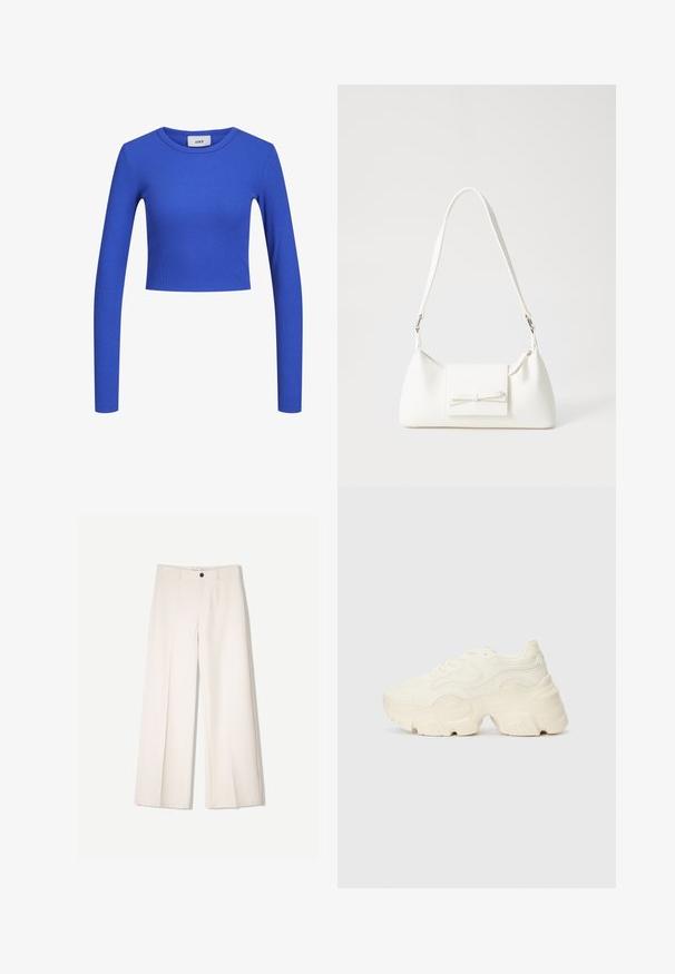 Plavi dugi rukavi rebrasti crop top s okruglim izrezom. Glatka tekstura i prilagođen dizajn, s blagim uzorkom po cijeloj površini. Oznaka brenda vidljiva.; Kreme hlače širokih nogavica s krojem koji je prilagođen, s dva prednja džepa i jednim prednjim zatvaranjem na gumb, izrađene od glatkog materijala.; Masivne bijele tenisice od teksturirane mreže i sintetičkih materijala, sa debelim potplatom i složenim uzorcima duž strana.; Bijela sintetička torbica s trokutastim oblikom, ravnim prednjim poklopcem i detaljem u obliku mašne, podesivom remenom, glatkom teksturom i minimalističkim dizajnom.