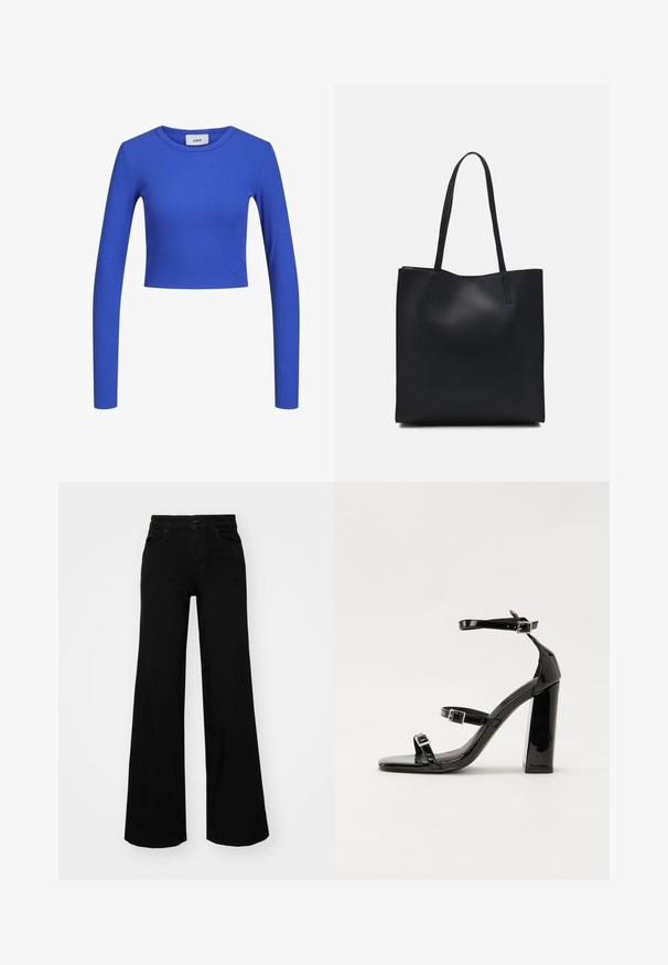 Top cropped de manga longa azul, com gola redonda. Textura suave e design ajustado, apresentando um padrão subtil por todo o tecido. Etiqueta da marca visível.; Calças largas pretas em denim, com uma cintura estruturada, passantes para cinto e bolsos frontais. Textura suave com um design clássico.; Sandálias de tacão preto laqueadas com bico quadrado, tiras para o tornozelo e fivelas prateadas. Apresentam um salto bloco chunky para estabilidade.; Bolsa tote preta em couro com textura lisa, forma retangular e duas alças longas. Sem hardware ou enfeites visíveis.