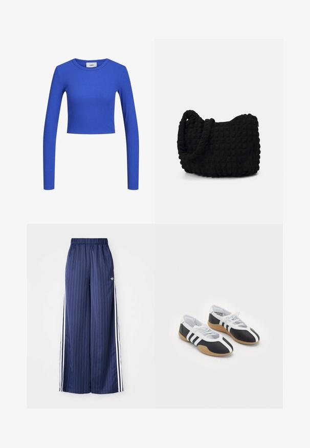 Modrý dlouhý rukáv ribbed crop top s kulatým výstřihem. Hladká textura a přiléhavý design, s jemným vzorem po celém povrchu. Viditelná značka.; Námořnické modré kalhoty s širokými nohavicemi a vertikálními bílými pruhy, s elastickým pasem a třemi bílými pruhy po každé straně, vyrobené z lehkého materiálu.; Černobílé sportovní boty s elegantním designem, gumovou podešví, šněrováním a třemi bílými pruhy po stranách.; Černá látková taška s texturovaným, prošívaným vzorem. Zaoblený tvar, krátké, silné uchy a měkká, flexibilní struktura.