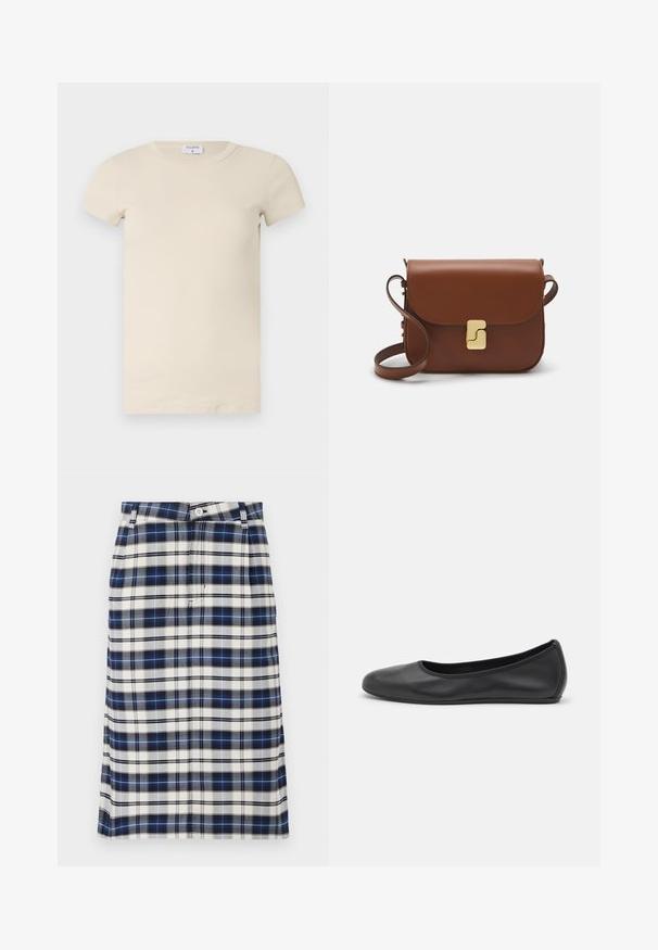Krémové žebrované tričko s krátkým rukávem a kulatým výstřihem, vyrobené z měkké, elastické látky. Jednoduchý design a přiléhavý střih.; Károvaná sukně v námořnické modré, bílé a šedé barvě. Má rovný střih, zapínání na knoflík a jemnou texturu s mřížkovým vzorem.; Černé kožené baletní byty s kulatou špičkou, hladkou texturou, minimálními švy a flexibilním designem podrážky.; Hnědá kožená kabelka s klopou, zlatými kovovými detaily, ramenním popruhem a hladkým povrchem. Kompaktní obdélníkový tvar.