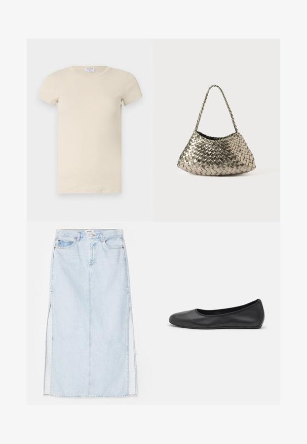 Kremasti rebrasti majica kratkih rukava s okruglim izrezom, izrađena od mekane, rastezljive tkanine. Jednostavan dizajn i oblik koji se prilagođava figuri.; Svijetloplava traper maxi suknja ravnog kroja, sa bočnim izrezima i dizajnom sa pet džepova. Istaknuto šivanje i metalno zatvaranje s dugmetom.; Crne kožne baletanke s zaobljenim vrhom, glatke teksture, minimalnim detaljima šavova i fleksibilnim dizajnom potplata.; Metalna tkanina torba s trokutastim oblikom, s pletenom trakom i unutrašnjošću obloženom baršunom. Boja: srebrna. Tekstura: glatka i tkaninska.