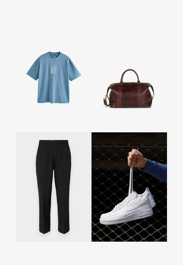 Niebieska bawełniana koszulka z okrągłym dekoltem i krótkim rękawem. Centralny wzór graficzny w białym kolorze przedstawiający pagodę i chmury.; Czarne spodnie z gładkiego materiału, o prostym kroju nogawki, z przednimi kieszeniami, pojedynczym zapięciem na guzik i bez widocznych wzorów.; Białe skórzane sneakersy z perforacjami, okrągłym noskiem, płaską podeszwą i grubymi sznurówkami, z widocznym logo swoosh i napisem „AIR” na pięcie.; Brązowa skórzana torba podróżna z podwójnymi uchwytami górnymi, odpinanym paskiem na ramię oraz zamknięciem na zamek błyskawiczny. Teksturalne wykończenie z kontrastowymi akcentami.