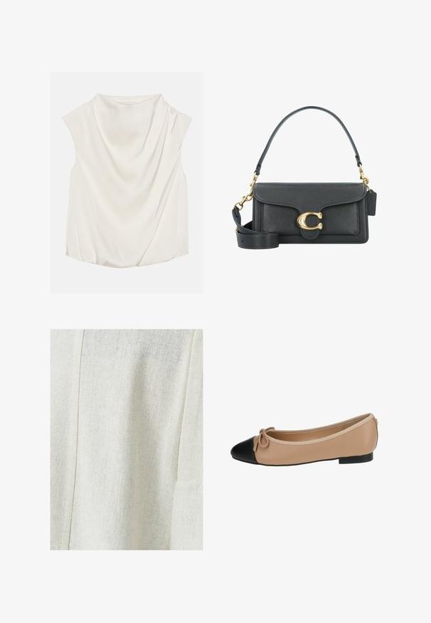 Anna Field Bluse - off-white; Helles beige Leinengewebe mit einem strukturierten Muster, das eine Nahtdetail und eine Seitentasche aufweist. Glatte Oberfläche mit feiner Webart.; Ballettflats aus beigem Leder mit einer schwarzen Kappe. Mit einer vorderen Schleifenverzierung und einer glatten Textur. Niedriges Profil mit einer Gummisohle.; Schwarze Lederhandtasche mit goldenen Hardware-Akzenten, ausgestattet mit einem charakteristischen Verschluss, einem abnehmbaren Schultergurt und einer strukturierten Oberfläche.