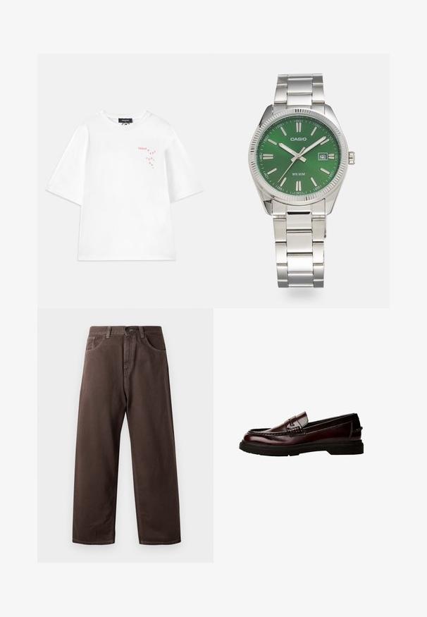 Dsquared2 LOOSE FIT TEE - Potiskana majica - white; Rjave široke hlače iz bombaža, ki imajo klasičen dizajn s petimi žepi, zadrgo in vidne šive.; Rjave usnjene loafer čevlje z zaobljenim nosom, podrobnim šivanjem in gumijastim podplatom. Imajo okrasni trak in gladko teksturo.; Srebrna ura iz nerjavečega jekla z okroglo zeleno številčnico, srebrnimi oznakami ur, prikazom datuma in kovinskim povezovalnim pasom. Vodoodporna do 50 metrov.