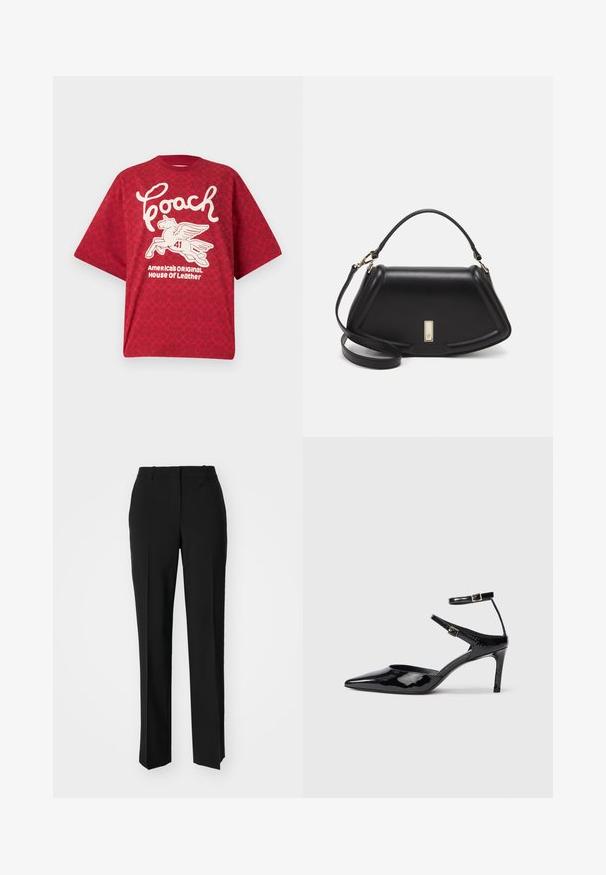Rød overdimensjonert T-skjorte laget av bomull, med et hvitt grafisk motiv av en vinget hest og teksten "Coach". Bakgrunnen har et subtilt logomønster.; Sorte skreddersydde bukser med rett silhuett, med en glatt tekstur og klare pressede bretter foran. Ingen synlig maskinvare.; Sorte lakkede hæle med spids tå, justerbare ankelstropper og en slank hæl. Glat tekstur med en skinnende overflade.; Sort lærveske med en strukturert design, som har en avkortet form, topphåndtak og detaljer i gull. Justerbar skulderstropp inkludert.