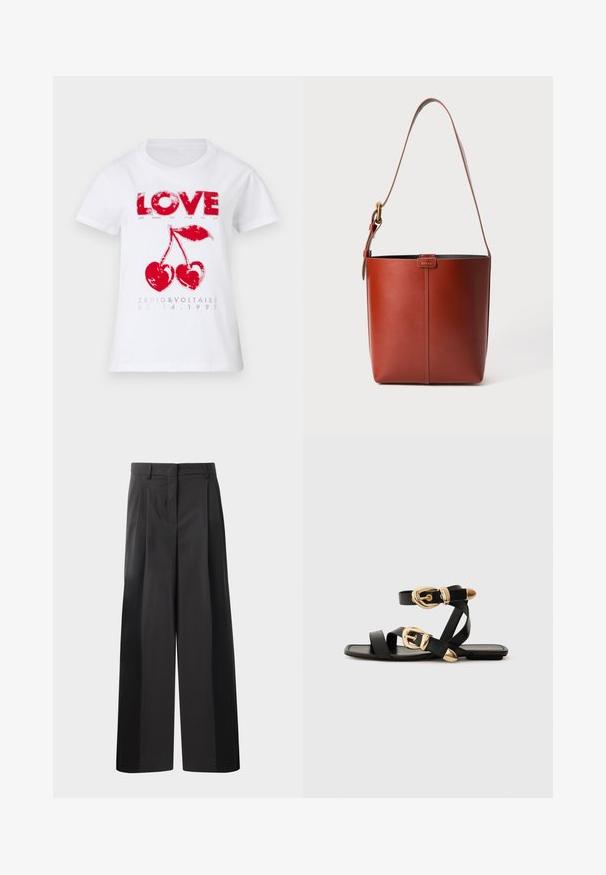 Camiseta branca de algodão com um gráfico vermelho contendo a palavra "AMOR" e ilustrações de cerejas. O texto impresso inclui "Zadig & Voltaire" e uma data.; Calças largas pretas com cintura alta, apresentando pregas frontais, uma textura suave e um acabamento cuidado. Desenvolvidas para um ajuste relaxado.; Sandálias de couro pretas com detalhes em fivela dourada, apresentando várias tiras e um design de sola plana para uso à vista.; Saco de couro castanho em forma de balde com alça de ombro ajustável e fivela em tom dourado, detalhe de costura vertical simples na frente.
