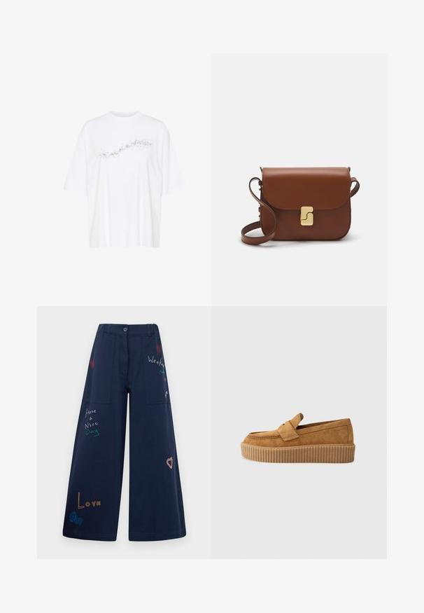 Balts T-kreklis, kas izgatavots no kokvilnas, ar dekoratīvu melnu plankumotu rakstu uz priekšpuses, īsām piedurknēm un brīvu piegriezumu.; Tumši zili plata kāju bikses no kokvilnas ar vairākiem kabatām. Iekļauj krāsainus izšuvumus ar tekstu un grafikām, tostarp sirdīm un rotaļīgām frāzēm.; Brūni zamšādas loafers ar apaļu purngalu, ar ribotu platformas zoli un dekoratīvu siksnu pāri augšdaļai.; Bordo ādas rokas soma ar atloku, zeltītām detaļām, plecu siksnu un gludu virsmu. Kompakta, taisnstūrveida forma.