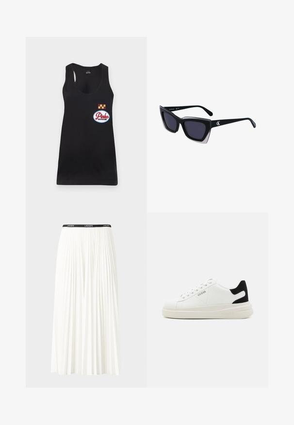 Svart tanktopp med rund hals, som har et brodert "Pinko Garage"-merke og et gult og bordeaux rutete merke.; Plissert hvit skjørt med en svart elastisk midje som har "LACOSTE"-logoen. Midjelengde design med myk tekstur.; Hvite lær sneakers med tykk hvit såle, svart semsket hælforsterkning og preget logo på siden. Snøresystem med seks hull.; Store svarte solbriller i overdimensjonert størrelse med geometrisk form, med mørke linser og en kontrasterende grå detalj på rammen. Logo på armen.