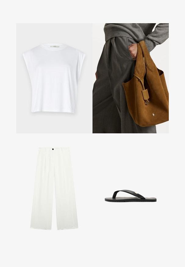 White cotton cropped t-shirt with cap sleeves, round neckline, and a smooth, slightly textured fabric. No patterns or visible hardware.; Wide-leg trousers in white fabric, featuring a single black button at the waist, two front pockets, and a smooth, crisp texture.; Black flip-flop sandal with a flat sole, textured black insole, smooth straps, and a small gold accent near the toe post.; Brown suede tote bag with rounded shape, dual handles, and a metal hardware accent. Features a small logo on the front.