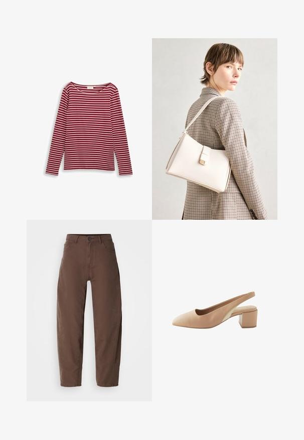 Dlhý rukáv top pruhovaný v červenej a bielej farbe so širokým výstrihom a rovný strih. Mäkký materiál s rovnomernými vodorovnými pruhmi.; Hnedé nohavice rovného strihu s predným gombíkom a zipsom, pútkami na opasok a bočnými vreckami, vystavené na bielom pozadí.; Kožené sandále v nude farbe s ostrou špičkou, nízkym blokovým opätkom a kontrastným béžovým bočným panelom. Hladká textúra, minimalistický dizajn.; Biely kožený kabelka so štruktúrovaným dizajnom, s magnetickým uzáverom a ramenným popruhom, vystavená na neutrálnom pozadí.