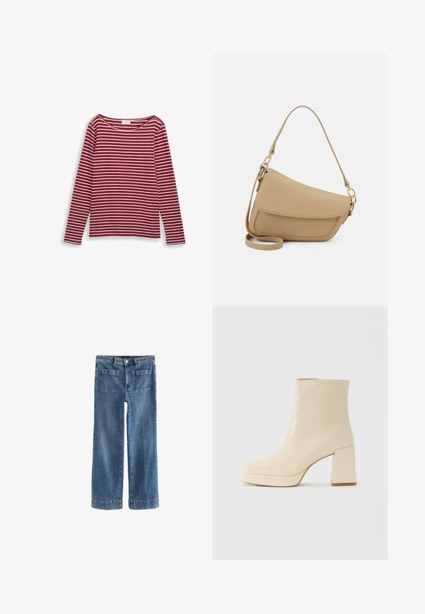 Raudonai ir balti dryžuoti ilgomis rankovėmis marškiniai su plačia iškirpte ir tiesiu kirpimu. Minkšta medžiaga su vienodais horizontaliais ruožais.; Šviesiai mėlynos džinsinės kelnės su plačiais sijonais, priekinėse dalyse yra užtrauktukas ir sagtys, dvi priekinės kišenės ir dvi galinės kišenės, su apvaliais sijonais.; Smėlio spalvos odiniai aulinukai su blokuotu kulnu ir platforma, lygiu paviršiumi ir šiek tiek kvadratiniu nosiu, pasukti kairėn ant balto fono.; Even&Odd Rankinė - beige