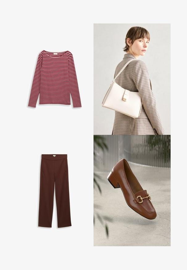 Rood-wit gestreepte lange mouw top met een brede halslijn en rechte snit. Zacht materiaal met gelijkmatig horizontale lijnen.; Braune wijde broek met een elastische tailleband, met een gladde textuur en een subtiel patroon. Ontworpen met zijzakken en een getailleerde pasvorm.; Bruine lakleren loafer met vierkante neus, metallic kettingaccent en lage blokhak; gladde textuur, minimalistisch ontwerp.; Witte leren handtas met een gestructureerd ontwerp, voorzien van een magneetsluiting en een schouderriem, tentoongesteld tegen een neutrale achtergrond.