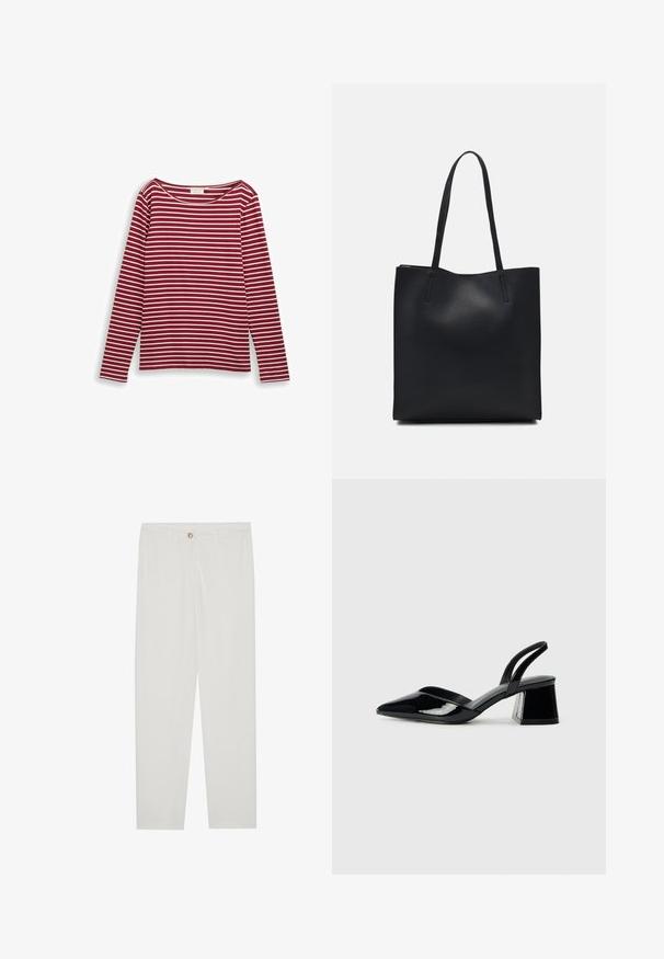 Rot-weiße gestreifte Langarmbluse mit weitem Ausschnitt und geradem Schnitt. Weiches Material mit gleichmäßigen horizontalen Linien.; Weisse, maßgeschneiderte Hosen mit geradem Bein, die über einen Knopfverschluss, Gürtelschlaufen und Seitentaschen verfügen; glatte Stoffoberfläche.; Schwarze Lackleder-Slingback-High Heels mit spitzem Schuh und einem geometrischen Blockabsatz. Verfügt über ein schlankes, minimalistisches Design und eine glatte Textur.; Schwarze Laptoptasche aus Leder mit glatter Textur, rechteckiger Form und zwei langen Griffen. Keine sichtbaren Beschläge oder Verzierungen.