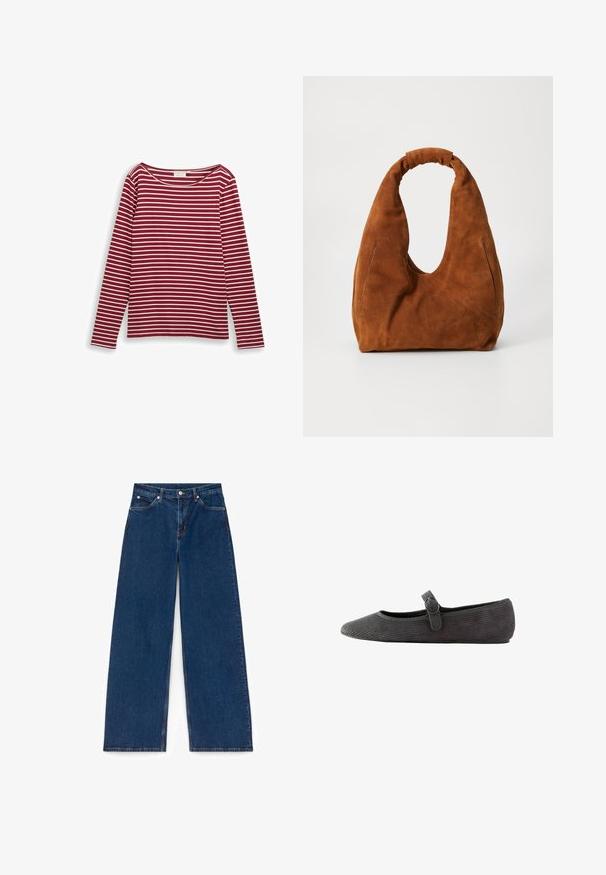 Rot-weiße gestreifte Langarmbluse mit weitem Ausschnitt und geradem Schnitt. Weiches Material mit gleichmäßigen horizontalen Linien.; Weite Jeans aus dunkelblauem Denim mit strukturiertem Oberflächendesign, ausgestattet mit Vordertaschen und einem Knopfverschluss an der Taille.; Graue Corduroy-Ballerinas mit runder Zehenpartie, einem Knöchelriemen mit Schnalle und einer strukturierten Oberfläche. Flache Sohle für zusätzlichen Komfort.; Braune Wildleder-Hobo-Tasche mit einer weichen, runden Form, ausgestattet mit einem großen, gebogenen Griff und zwei unauffälligen Seitennähten. Texturierte Oberfläche, keine sichtbaren Beschläge.