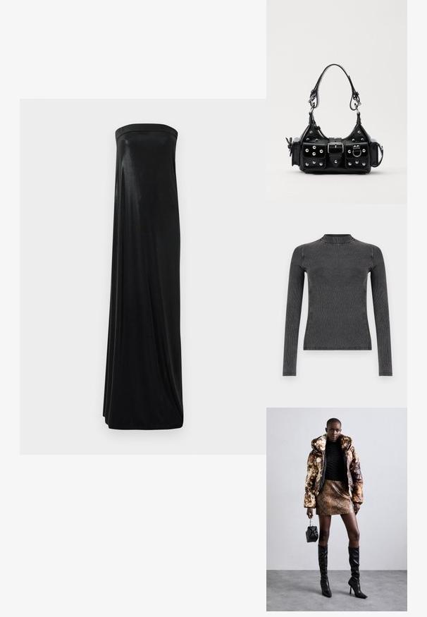 Black long-sleeve top made of ribbed fabric, featuring a high neckline and slim fit. Stitching details accentuate the shape.; Black strapless maxi dress made of smooth, shiny fabric. Features a fitted bodice and flowing silhouette, reaching the floor without embellishments.; Puffer jacket with a brown and black pattern, paired with a brown snake print mini skirt, black knee-high boots, and a small black bag.; Black leather handbag with a curved design, featuring silver studs, a buckle, and two side pockets. Adjustable strap for carrying options.