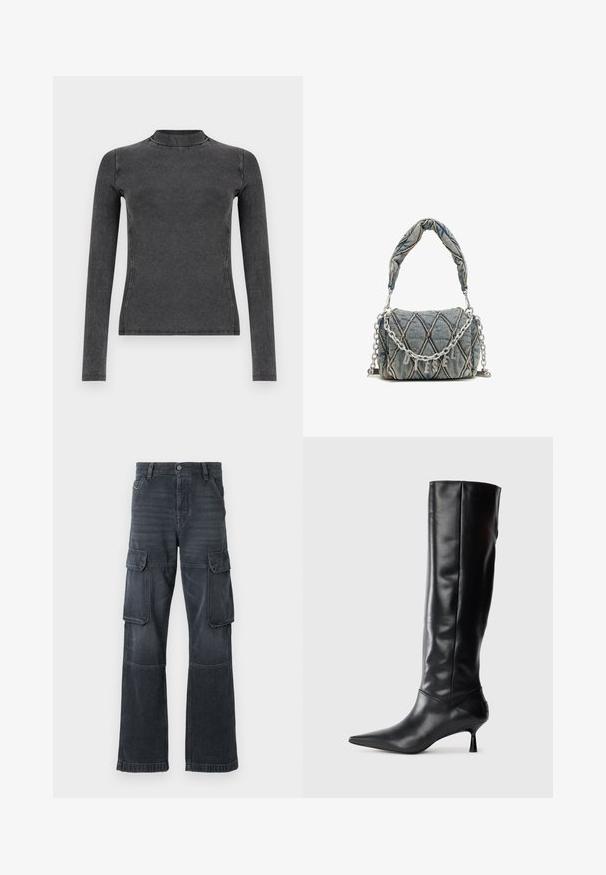 Sort langærmet top lavet af ribbet stof, med en høj halsudskæring og slim fit. Syningerne fremhæver formen.; Mørkegrå cargo bukser lavet af denim, med to sidelommer og en bred ben design. Syede detaljer langs sømme og kanter.; Sorte læder knæhøje støvler med spids tå og slank buet hæl. Glat tekstur, tætsiddende design og ingen synlig hardware eller mønstre.; Denim håndtaske med quiltet mønster, blå farve, kort flettet håndtag og sølv kædestrop med metallisk brandbogstav detalje.
