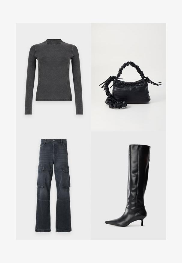 Sort langærmet top lavet af ribbet stof, med en høj halsudskæring og slim fit. Syningerne fremhæver formen.; Mørkegrå cargo bukser lavet af denim, med to sidelommer og en bred ben design. Syede detaljer langs sømme og kanter.; Sorte læder knæhøje støvler med spids tå og slank buet hæl. Glat tekstur, tætsiddende design og ingen synlig hardware eller mønstre.; Sort kunstlæder håndtaske med krokodilteksur, indsnøret top og en sammenkrøben rem. Ser blød og kompakt ud i designet.