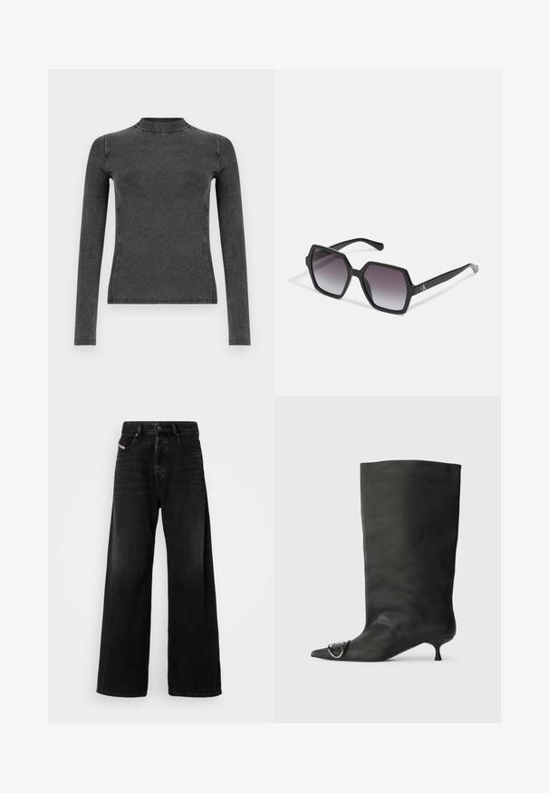 Sort langærmet top lavet af ribbet stof, med en høj halsudskæring og slim fit. Syningerne fremhæver formen.; Bredde ben sorte denimjeans med høj talje, med knaplukning, forlommer og en falmet struktur.; Sort læder ankelstøvle med spidse tå, lille hæl og metallisk detalje på tæerne. Glat, mat overflade hele vejen igennem.; Sorte sekskantede solbriller med gradientlinser, med en glat overflade og diskret branding på stængerne. Holdbar plastkonstruktion.; Mørkebrun, blanklæder skuldertaske med samlet top og tynd, justerbar rem, der har en lille sølvfarvet spænde detaljer foran.