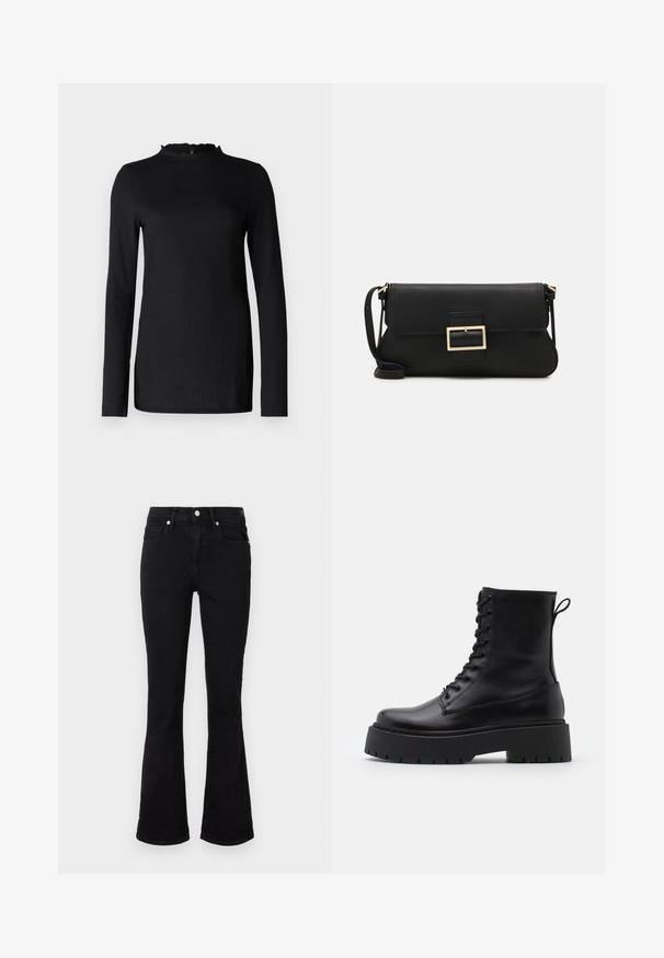 Must must värvitud pikad varrukad särk tekstuurse viimistlusega, millel on laineline kaelus ja minimalistlik disain. Sile kangas; nähtamatud kinnitused või mustrid.; Mustad flared teksasaapad, millel on keskmise tõusuga vöökoht, eesmine taskud ja nupplikuga kinnistus. Sile tekstuur minimaalse õmbluste detailidega.; Mustad mustad nahast pahkluu saapad ümarate varvastega, nööridega esiosas ja paksu kummist talla ning tekstuuritud mustriga. Tagumine tõmbeaas.; Must haben musta nahkklahviga kott, millel on klapp ja kuldne metallist pandla detail. Kaasas must rihm ja stiilne, minimalistlik disain.