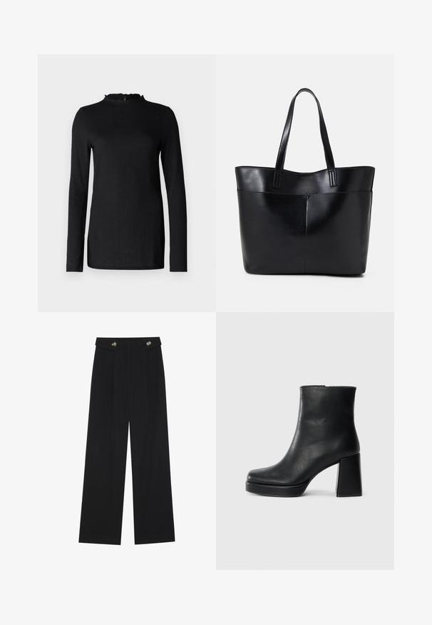 Blusa preta de mangas longas com um acabamento texturizado, apresentando um decote rendilhado e um design minimalista. Tecido suave; sem hardware ou padrões visíveis.; Calças largas pretas com cintura alta, detalhes em botão na cintura e pregas frontais.; Bota de couro preta até ao tornozelo com salto bloco e sola com plataforma, vista de lado sobre um fundo branco liso.; Bolsa tote preta em couro com duas alças longas, textura suave e forma estruturada. Apresenta um bolso frontal para armazenamento adicional.