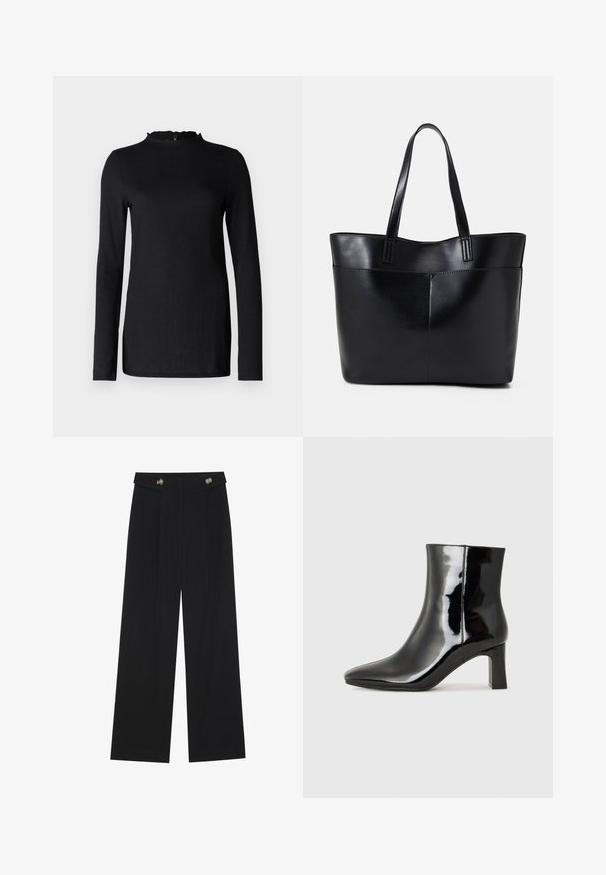 Black long-sleeve top with a textured finish, featuring a scalloped neckline and minimalistic design. Smooth fabric; no visible hardware or patterns.; Black wide-leg trousers with high waist, button details on waistband, and front pleats.; Black patent leather ankle boot with a pointed toe and a mid-height block heel. Smooth texture and minimalist design.; Black leather tote bag with two long handles, a smooth texture, and a structured shape. Features a front pocket for additional storage.