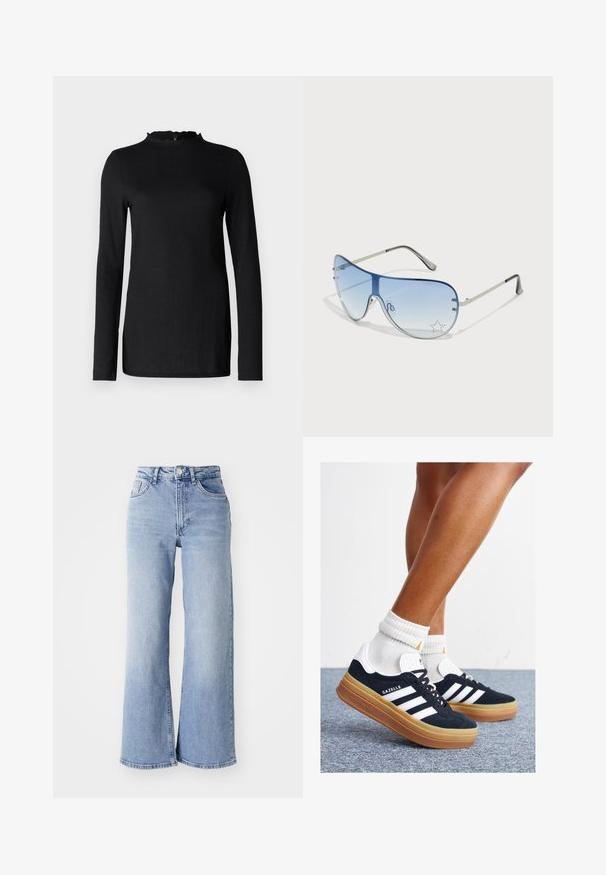 Čierny top s dlhým rukávom a textúrovaným povrchom, s výstrihom v tvare vlny a minimalistickým dizajnom. Hladká látka; žiadne viditeľné kovové časti ani vzory.; Svetlomodré vysoké široké nohavice z džínsoviny so zadnými a prednými vreckami, zapínaním na gombík a jemným vyblednutím na stehnách a lemoch.; Čierne semišové tenisky s bielymi pruhmi a detailmi, so zaoblenou špičkou, podrážkou z gumovej gumy, doplnené bielymi rebrovanými ponožkami.; Pilotné slnečné okuliare s prechodovým modrým sklom, strieborným kovovým rámom a ozdobnými hviezdičkovými akcentmi na sklách. Hladký a elegantný dizajn.