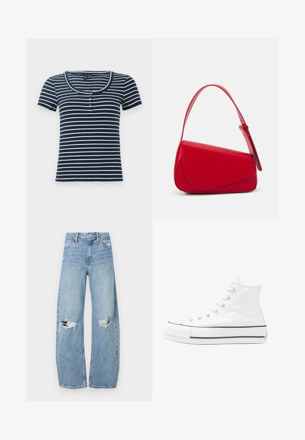 Tamsiai mėlynas ir baltas dryžuotas trumpomis rankovėmis ribotas viršus su apvaliu iškirpimu ir trimis sagutėmis priekyje. Minkšta, prisitaikanti tekstūra.; Šviesiai mėlynos, aukštu juosmeniu džinsai pagaminti iš džinsinio audinio. Turi plačias kojų kelnes, dvi suplėšytas kelio vietas ir klasikinį penkių kišenių dizainą.; Balti aukštakulniai drobės sportbačiai su juodu guminio pado, priekinio guminio piršto dangteliu ir šešiais akytėmis raištams, pasižymintys švariu, minimalistiniu dizainu.; Raudona odinė rankinė su kampuota, geometrine forma. Pasižymi viena reguliuojama dirželiu ir dangteliu su siuvinėtais dekoracijomis.