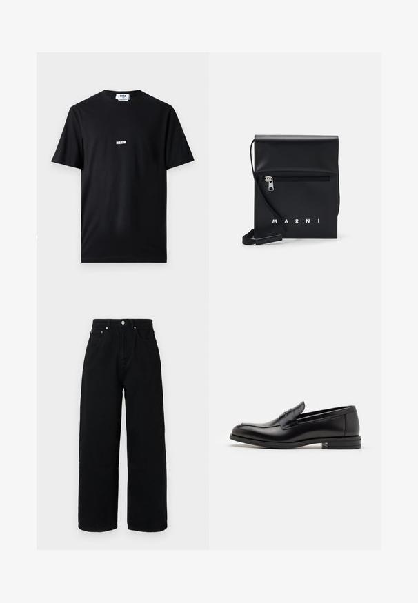 Schwarzes Baumwoll-T-Shirt mit Rundhalsausschnitt und kurzen Ärmeln. Die Vorderseite zeigt das weiße "MSGM"-Logo zentriert. Angenehme Textur, normale Passform.; Schwarze Baumwoll-Hosen mit weitem Bein, hoher Taille, Fronttaschen, silberfarbenem Knopf und sauberem Saum.; Schwarze Lederloafers mit glatter Textur, rundem Zehenbereich und einem dekorativen Riemen über dem Vorderfuß. Niedriger, gestapelter Absatz, minimalistisches Design.; Schwarze Leder-Crossbody-Tasche mit einer Reißverschlusstasche vorne, geprägtem Logo und verstellbarem Tragegurt. Glatte Oberfläche mit strukturierter Form.
