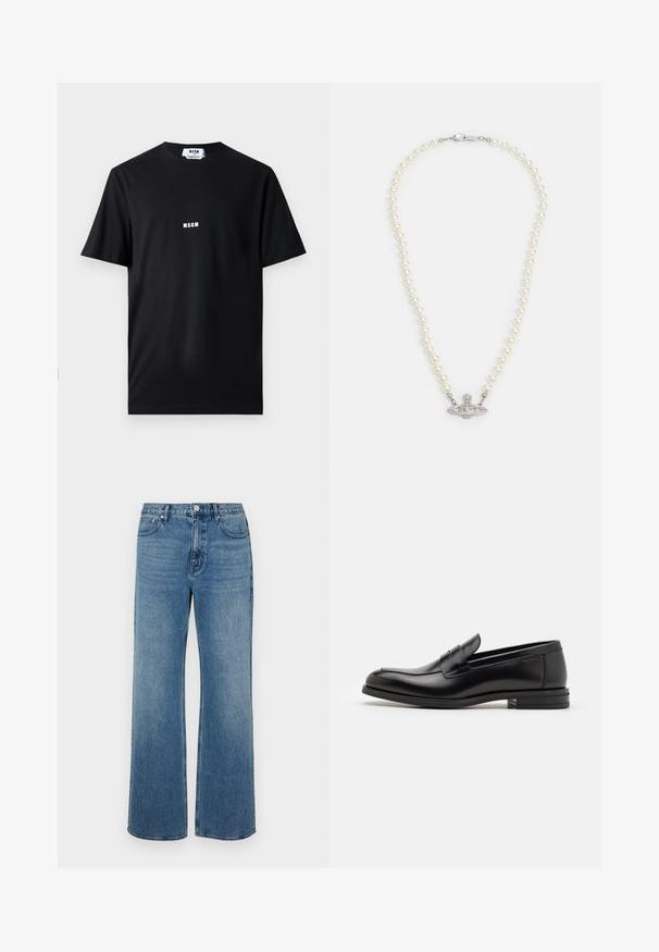 Camiseta de algodón negra con cuello redondo y mangas cortas. En la parte frontal se muestra un logo blanco de "MSGM" centrado. Textura suave, ajuste estándar.; Pantalones vaqueros de pierna ancha en denim con un acabado desgastado. Presenta cinco bolsillos, un cierre de botón en la parte delantera y un corte recto.; Mocasines de cuero negro con una textura suave, puntera redondeada y una tira decorativa en el empeine. Tacón bajo apilado, diseño minimalista.; Collar de perlas con un cierre en tono plata. Presenta perlas blancas redondas y un centro decorativo adornado con rhinestones.