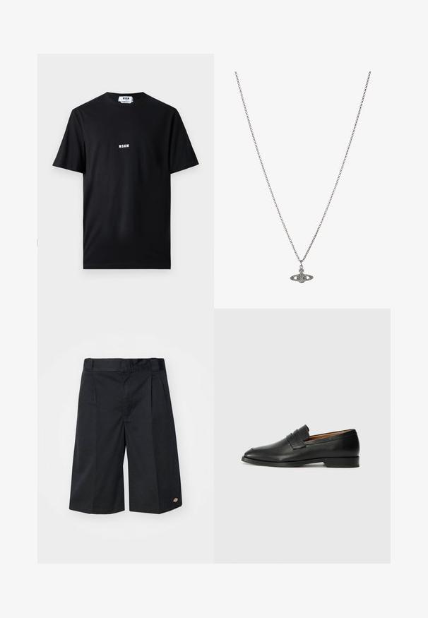 Mustaa puuvillapaitaa, jossa on pyöreä kaula-aukko ja lyhyet hihat. Edessä valkoinen "MSGM" -logo keskitettynä. Sujuva rakenne, normaali istuvuus.; Mustat shortsit, joissa on räätälöity muotoilu, litteät etutaskut, normaali vyötärö ja sivutaskut. Valmistettu kestävästä kankaasta.; Musta nahkainen loafer, jossa on pyöreä kärki, hienovarainen ommelkoristelu ja matala korko, joka on varustettu sileällä pinnalla ja minimalistisella designilla.; Hopeaketju, jossa on yksityiskohtainen riipus planeetan muodossa, koristeltuna pienillä yksityiskohdilla ja monimutkaisilla kuvioilla.