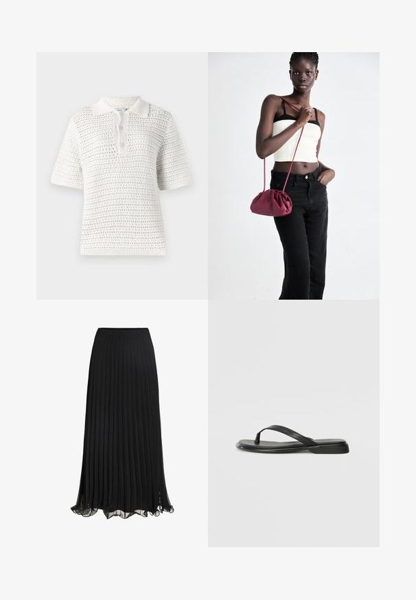 Polo shirt alb cu mânecă scurtă, realizat dintr-un material tricotat ușor. Prezintă un model texturat, guler și un sistem de închidere cu trei nasturi.; Fustă maxi plisată neagră, realizată dintr-un material ușor, cu un design fluid. Prezintă un tiv volan și o talie elastică pentru confort.; Sandale negre din piele netedă, cu un design cu curea subțire și o talpă plată cu un profil minimalist. Fără modele sau accente notabile.; Geantă dintr-un material moale de culoare burgundă, cu un design plisat și o curea lungă, purtată pe umăr. Modelul poartă un top alb scurt și blugi negri.