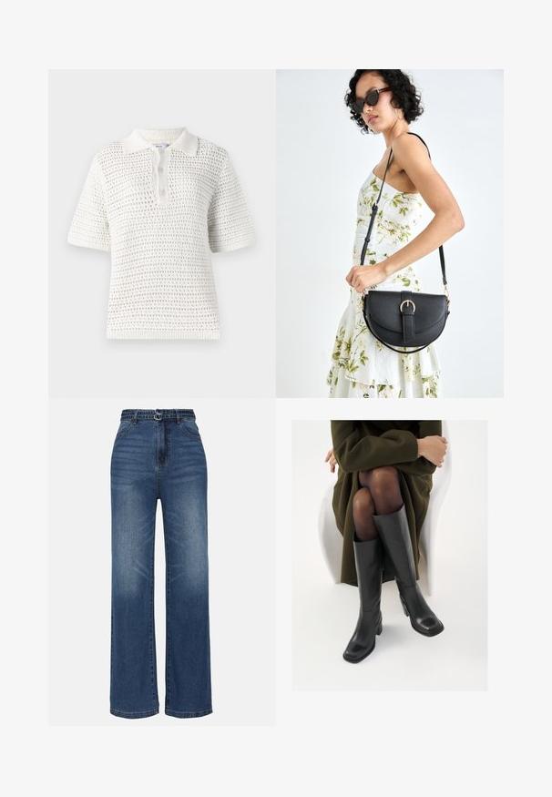 Polo a maniche corte bianco realizzato in tessuto knit leggero. Presenta un motivo testurizzato, colletto e una patta con tre bottoni.; Jeans in denim blu con gamba larga e vita alta, caratterizzati da due accessori a fibbia metallica, sfumature leggere e classico design a cinque tasche.; Stivali neri in pelle alti fino al ginocchio con punta squadrata e tacco a blocco, mostrati con un modello seduto in un cappotto verde oliva. Texture liscia, dettagli minimi.; Borsa a tracolla nera in pelle con una forma curva, manico rimovibile e accessori dorati. La borsa presenta una patta con un dettaglio a fibbia.