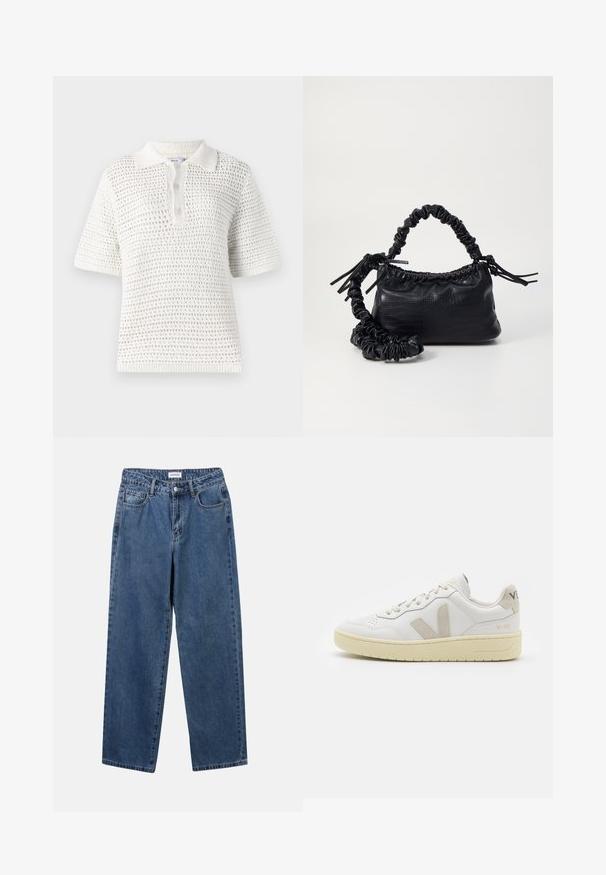 Polo shirt alb cu mânecă scurtă, realizat dintr-un material tricotat ușor. Prezintă un model texturat, guler și un sistem de închidere cu trei nasturi.; Jeans clasice din denim albastru, cu un design drept, cinci buzunare și închidere cu nasture. Prezentând o spălare medie și o textură rezistentă.; Pantofii sport din piele albă cu accente din suede bej, cutie pentru degete perforată, șireturi plate și o talpă texturată de crem. Prezintă branding subtil pe călcâi.; Geantă din faux leather neagră cu textură de crocodil, cu partea superioară strânsă și o curea mototolită. Pare moale și compactă ca design.