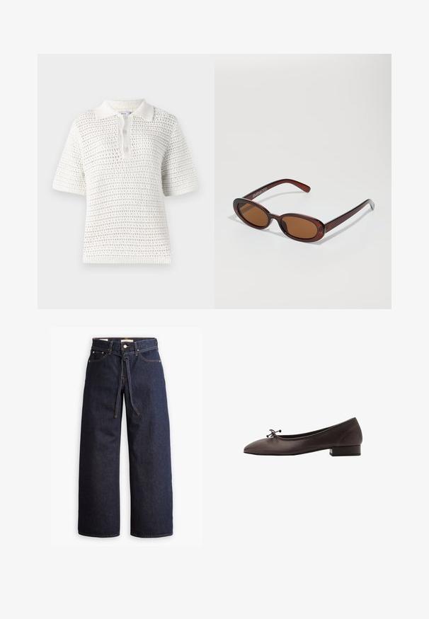 Valkoinen lyhythihainen polo-paita, joka on valmistettu kevyestä neuloksesta. Ominaisuuksia ovat tekstuuri, kaulus ja kolme nappia napitus.; Korkeavyötäröiset tummansiniset leveälahkeiset farkut, joissa on narunauhakuja, viisi taskua ja kontrastiväriset ompeluseikat.; Ruske kožne balerinke s zaobljenim vrhom i malim blok petom. Imaju tanke mašne sprijeda i suptilne šavove.; Pyöreät, ruskehtavat aurinkolasit, joissa on kiiltävä burgundinpunainen runko. Kapeat sivut, joissa on hienovarainen brändäys. Litteät linssit.; Hobo-laukku pehmeästä beige-suedesta, jossa on löysä muoto, leveä olkahihna ja käsinommeltu sauma edessä.