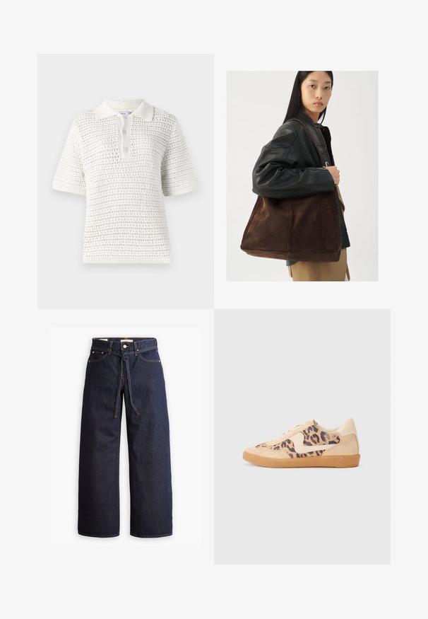 Valge lühikeste varrukatega polo särk, mis on valmistatud kergest kudumiskangast. Omab tekstureeritud mustrit, kraed ja kolme nupuga rida.; Laiad joped tumeda sinise denimi ja kõrge taljega, millel on paela kinni tõmbamise võimalus, viis taskut ja kontrastsete õmblustega detailid.; Leopardi mustriga tossud, millel on beež sueded ülemine osa, pruuni kummist põhi ja valged aktsendid. Ümar nina ja lipsukujundus, millel on tekstureeritud viimistlus.; Pruun suede totes kott laia kujuga ja pehme tekstuuriga, millel on üks rihm ja minimaalne riistvara neutraalses taustas.