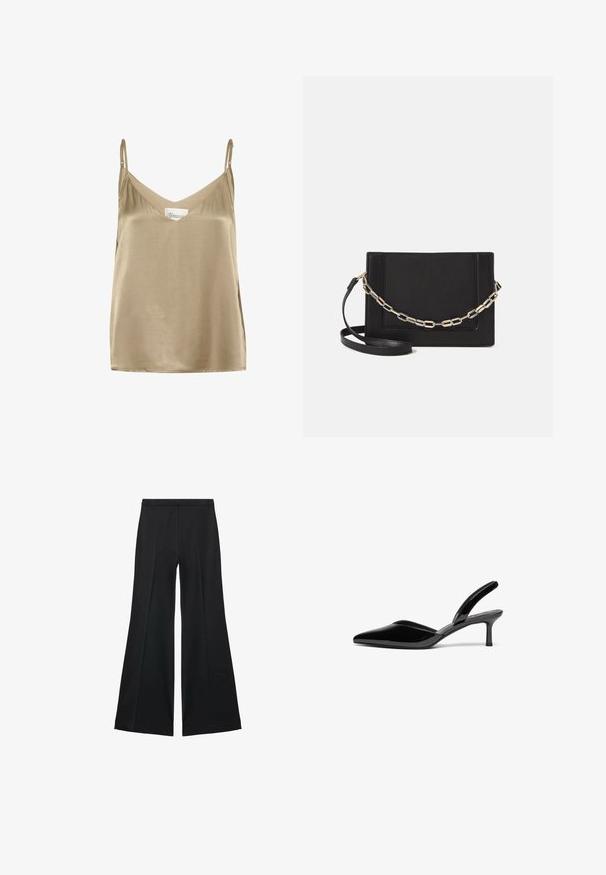 Satin camisole with adjustable straps, featuring a deep V-neckline; color is muted gold with a smooth, shiny texture and minimal design elements.; Black wide-leg pants with a smooth texture, featuring front pleats and a tailored design. The fabric is lightweight and flowy.; Black patent leather slingback heels with a pointed toe, low stiletto heel, and a sleek, simple design without embellishments.; Black leather crossbody bag featuring a smooth texture, rectangular shape, and a metallic chain detail on the front. Adjustable strap included.