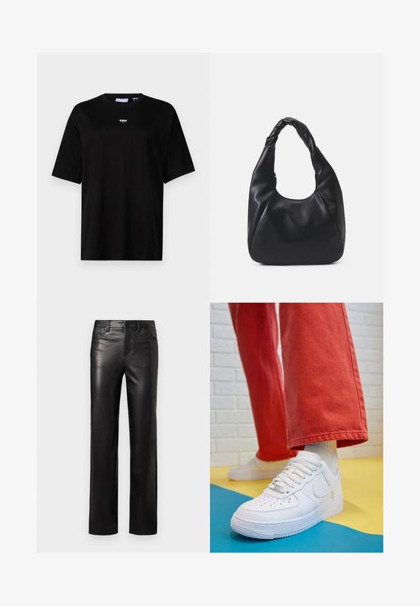 JJXX JXALVA LOOSE PRINT TEE - Jednoduché tričko - black; Černé kožené kalhoty se střihem rovného střihu, s knoflíkovým zapínáním a předními kapsami. Hladká textura s jemnými detailem šití.; Bílé kožené tenisky s perforovanou špičkou, texturovanou podešví a bílými tkaničkami, v kombinaci s širokými červenými kalhotami a modro-žlutým pozadím.; Černá kabelka typu hobo vyrobená z hladkého materiálu podobného kůži se zkroucenou rukojetí, která má měkký, zaoblený tvar a horní zipové uzavření.; Zlaté kruhové náušnice s hladkým, lesklým povrchem. Kruhový design s malým kolíčkem a průhledným záznamem pro bezpečné nošení.