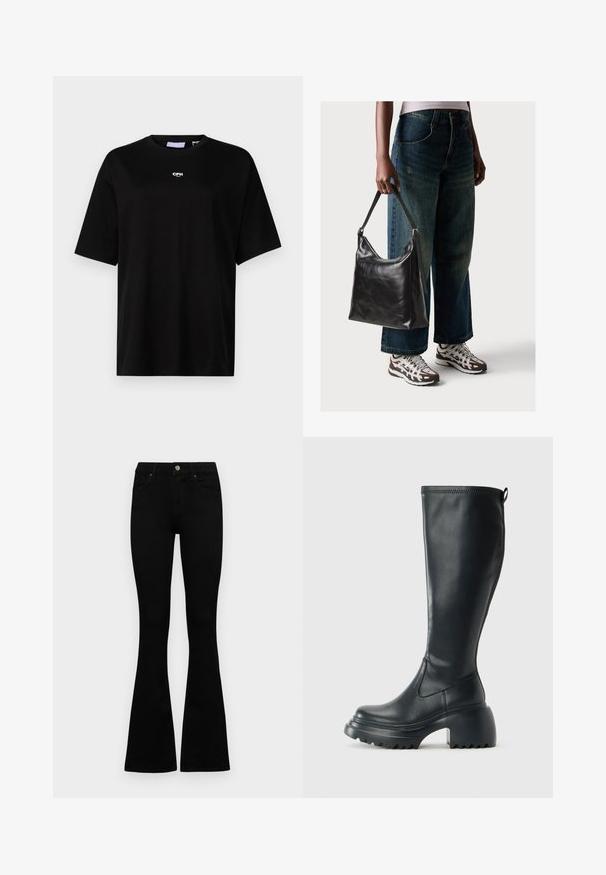 JJXX JXALVA LOOSE PRINT TEE - Basic T-shirt - black; Black high-waist jeans with a button and zip closure, front pockets, and flared legs laid flat on a white background.; Tall black leather boot with chunky platform sole and block heel, featuring pull tab and textured tread on outsole.; Black leather shoulder bag with a smooth texture and adjustable strap, paired with faded wide-leg jeans and athletic sneakers.