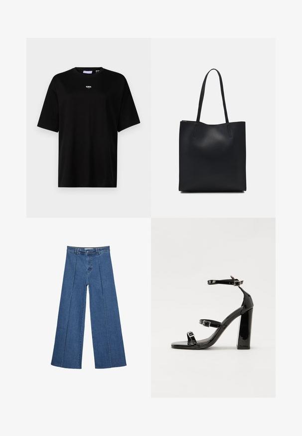 JJXX JXALVA LOOSE PRINT TEE - T-shirt basic - black; Jeans in denim a gamba larga di blu medio, con vita alta, chiusura con bottone e dettagli delle cuciture verticali a contrasto lungo la parte anteriore.; Sandali con tacco in vernice nera, con punta squadrata, cinturini alla caviglia e fibbie in argento. Presentano un tacco a blocco spesso per maggiore stabilità.; Borsa tote in pelle nera con texture liscia, forma rettangolare e due manici lunghi. Nessun hardware o decorazione visibile.