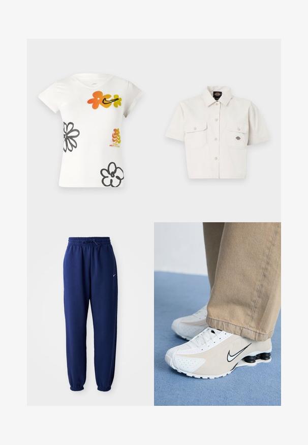 Balta trumpų rankovių marškinėlių su spalvingais gėlėmis oranžinės, geltonos ir juodos spalvų raštais. Pagaminta iš minkštos medvilnės mišinio, su v formos iškirpte.; Trumpas rankovėmis baltas marškiniai, pagaminti iš medvilnės, su dviem krūtinės kišenėmis, mygtukų užsegimu priekyje ir logotipo uždėjimu kairėje kišenėje.; Tamsiai mėlynos sportinės kelnės, pagamintos iš minkštos medžiagos, su elastingu juosmeniu ir raišteliu, elastinėmis rankovėmis ir mažuoju baltu logotipu.; Balti ir šviesiai rudi Nike sportbačiai su perforuotu dizainu, juodu swoosh logotipu, tekstūruotu paviršiumi ir išskirtiniu pavasariniu juodu kulnu.