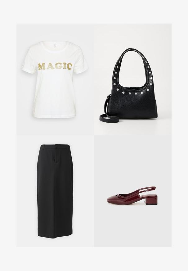 Balts T-krekls īsām piedurknēm, kurā uzraksts "MAGIC" ir lieliem mirdzošiem zelta burtiem uz priekša. Gluda kokvilnas tekstūra.; Melna zīmuļa svārku garums līdz ceļgaliem, izgatavots no gludas auduma. Iespējojot aizmugurē esošu šķēlumu un sānu kabatas, ar vienkāršu dizainu un neitrālu krāsu.; Burgundijas krāsas lakota āda, sandales ar kvadrātu purngalu, nelielu blokveida papēdi un dekoratīvu ziedu detalizāciju priekšējā siksnā.; Melnas strukturētas ādas rokassomu ar sudraba kniedēm gar augšējo malu un rokturiem, kura ietver īsu rokturi un noņemamu siksniņu.; Sudraba auskars ar pulētu apdari, ar maziem zelta akcentiem un apaļu formu, uz ausu ļipiņas.