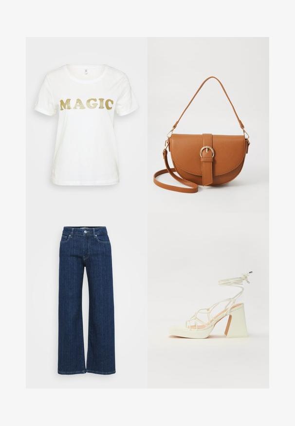 T-shirt branca de mangas curtas, com a palavra "MAGIC" em grandes letras douradas brilhantes na parte da frente. Textura de algodão suave.; Jeans de perna larga azul escuro feitos de denim, apresentando uma cintura média, dois bolsos frontais e detalhes costurados ao longo das costuras.; Sandálias brancas de salto alto com um salto robusto, apresentando um design com tiras e amarração no tornozelo. Textura suave com uma plataforma na frente para altura adicional.; Bolsa transversal de couro castanho com um formato curvado, ferragens douradas e um detalhe de fivela. Inclui uma alça de ombro destacável.