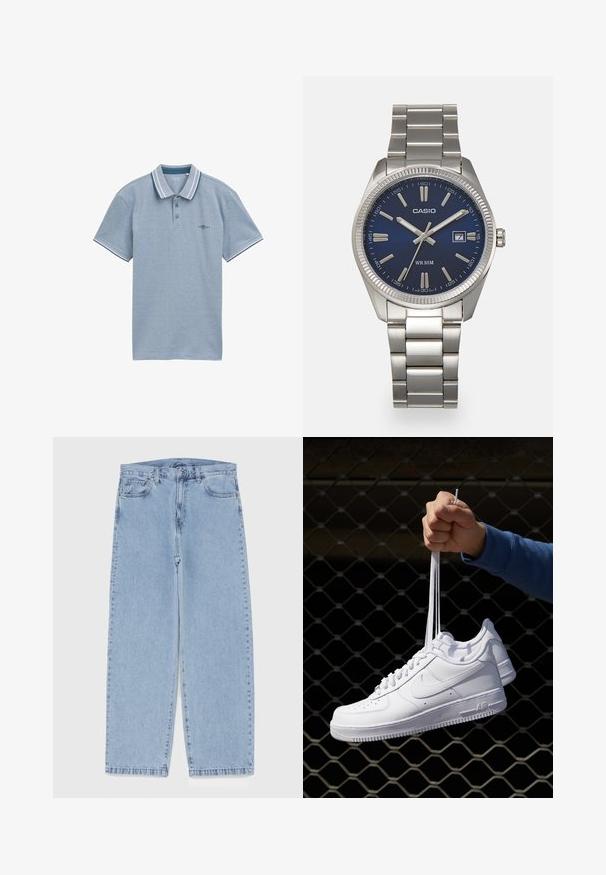 Lichtblauw polo shirt van zachte katoen, met een twee-knops sluiting, contrasterende gestreepte kraag en een klein logo op de linkerborst.; Lichtblauwe denim jeans met een recht model, voorzien van een middelhoge taille, vijf zakken en een knoop- en ritssluiting.; Witte leren sneakers met perforaties, ronde neus, vlakke zool en dikke veters, met een zichtbare swoosh-logo en "AIR" op de hiel.; Zilveren roestvrijstalen horloge met een marineblauwe wijzerplaat, metalen uurmarkeringen en een datumnis op 3 uur. Waterbestendig tot 50 meter.