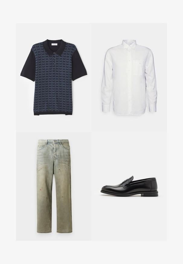 Tengerészet kékszínű póló, amely változó árnyalatú kék geometriai mintával rendelkezik, rövid ujjú és klasszikus galléros, gombos elülső része van.; Hosszú ujjú fehér ing, pamutból készült, gombos gallérral, elülső zsebbel és normál szabással. Texturált anyag, sima felülettel.; Fakó zöld, kopott farmerszadrág, egyenes lábbal, ötk zsebes kialakítással, egyenetlen kopással és festékcseppekkel.; Fekete bőr loaferek sima textúrával, kerek orral és dekoratív pánttal a vampnál. Alacsony, rétegelt sarkú, minimalista dizájn.