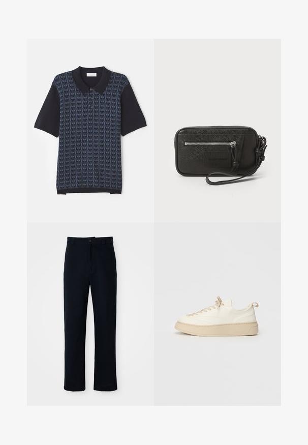 Mørkeblå polo-skjorte med et geometrisk mønster i varierende nyanser av blått, korte ermer og en klassisk krage med knapplukking foran.; Navyblå bukser laget av bomull, med rett ben-design, frontlukking med knapp og klassisk midje med beltehanker.; Hvite lær sneakers med beige detaljer, med rund tå, flate snøringer, tykk såle og sydd detalj rundt bunnen.; Svart lær clutch med teksturert overflate, frontlomme med glidelås og avtakbar håndleddsreim. Har en logo-patch på fronten. rektangulær form.