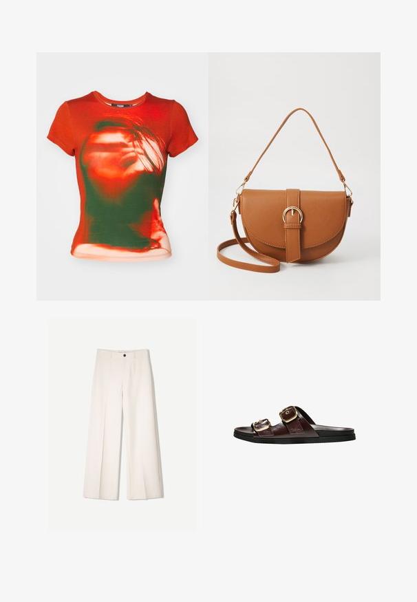 Jaded London SHORT SLEEVE BABY TEE - Tricou cu imprimeu - red; Pantaloni largi de culoare crem, cu un design croit, având două buzunare la față și o închidere cu un singur nasture în față, realizați dintr-un material neted.; Sandalele din piele maro au curele duale ajustabile cu catarame aurii, talpă plată neagră și un finisaj mat neted.; Geantă din piele maro, tip crossbody, cu o formă curbată, accesorii aurii și un accent cu cataramă. Dispune de un curea de umăr detașabilă.