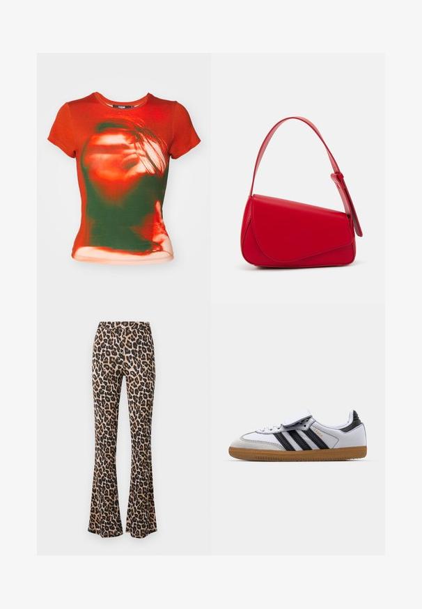 Jaded London SHORT SLEEVE BABY TEE - T-shirt estampada - red; Calças em estampado de leopardo, em tom castanho e preto, feitas de um tecido suave com uma textura lisa, apresentando uma cintura ajustada e bainha aberta.; Sneaker de couro branco com riscas pretas e detalhes cinzas, apresentando uma biqueira arredondada e sola de borracha natural. Fecho em velcro e atacadores.; Bolsa de mão em couro vermelho com um design angular e geométrico. Apresenta uma única alça ajustável e um fecho com aba, com detalhes cosidos.