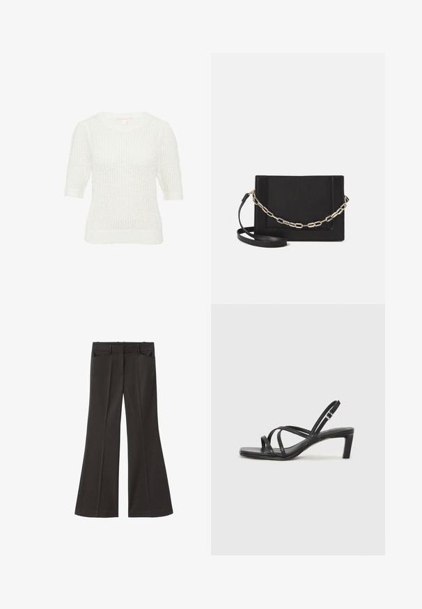 Biały sweter z dzianiny o okrągłym dekolcie, krótkich rękawach i teksturowanym wzorze. Miękka tkanina o luźnym kroju, odpowiednia na codzienne noszenie.; Czarne spodnie z szerokimi nogawkami i wysokim stanem; posiadają dwie przednie kieszenie oraz gładką teksturę materiału. Idealne na różne okazje.; Czarne sandały na obcasie z prostokątnym noskiem i niskim słupkowym obcasem. Posiadają wiele cienkich pasków i regulowany pasek na kostkę. Wykonane z gładkiej skóry.; Czarna skórzana torebka typu crossbody z gładką teksturą, prostokątnym kształtem oraz metalowym detalem w postaci łańcuszka z przodu. W zestawie regulowany pasek.