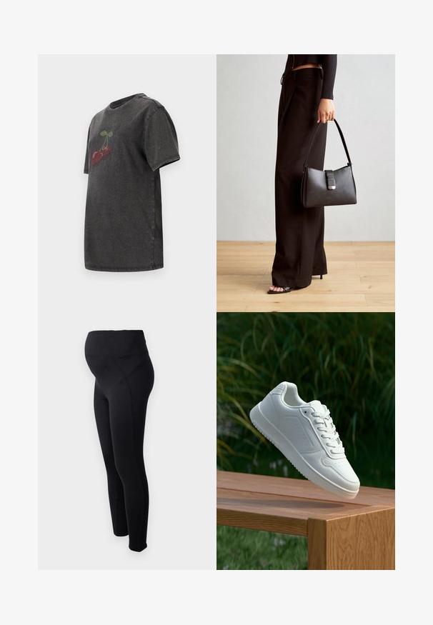 Dark gray cotton t-shirt with short sleeves, featuring a cherry design in red and green rhinestones on the front. Classic round neckline.; Black maternity leggings with a high waistband, made from stretchy material. Features a smooth texture and a fitted design for comfort.; White sneaker with a smooth synthetic upper, perforated toe box, flat laces, and a textured sole, displayed on a wooden surface.; Black handbag with structured shape, smooth texture, and a metallic clasp. Paired with wide black pants and open-toe sandals on wooden floor.