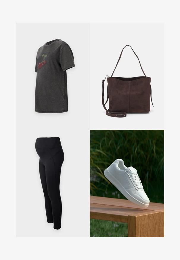 Dark gray cotton t-shirt with short sleeves, featuring a cherry design in red and green rhinestones on the front. Classic round neckline.; Black maternity leggings with a high waistband, made from stretchy material. Features a smooth texture and a fitted design for comfort.; White sneaker with a smooth synthetic upper, perforated toe box, flat laces, and a textured sole, displayed on a wooden surface.; Brown suede tote bag with a soft texture, featuring a single shoulder strap and a subtle curved top opening. No visible hardware details.